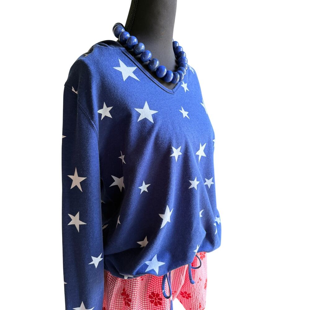 Quacker Factory by Jeanne Engelhart Star Print Hooded Pullover Navy Cotton Small